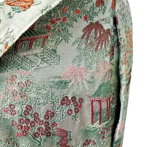 Vintage 70s Cropped Pants 4 Chinese Capri Pedal Pusher Brocade Green - Picture 7 of 10